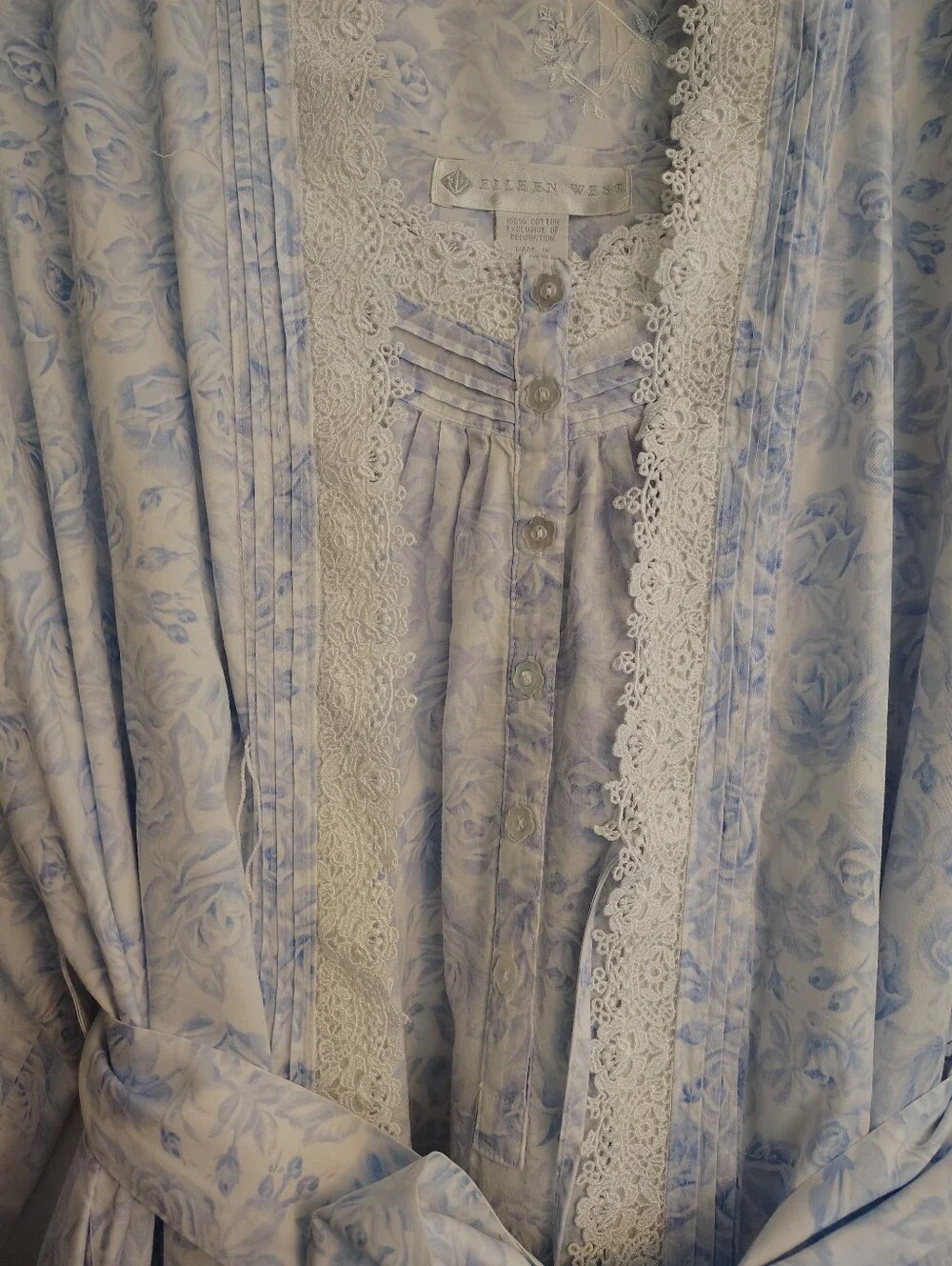 Eileen West 100% Cotton Lawn Nightgown & Robe Set Small Blue Floral Lace 2pc - Picture 4 of 16